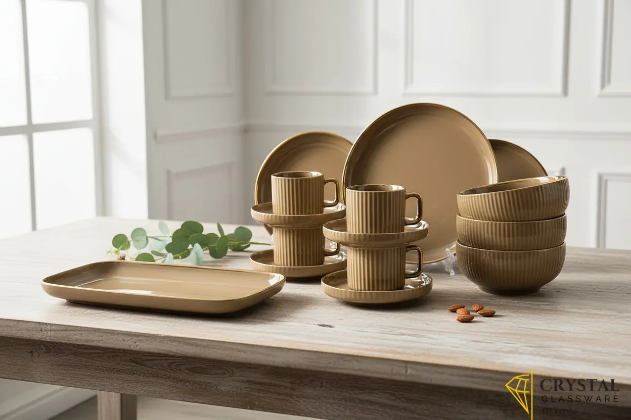 Multicolour 32-piece ceramic dinner set featuring a ribbed texture and gold trim
